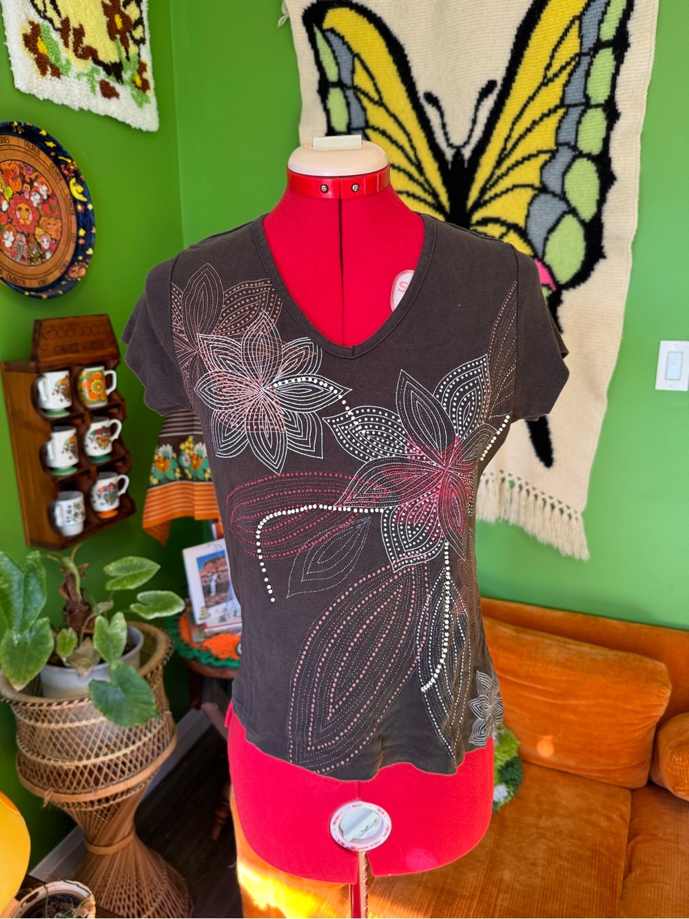 Women's Brown Floral V-Neck Tee
